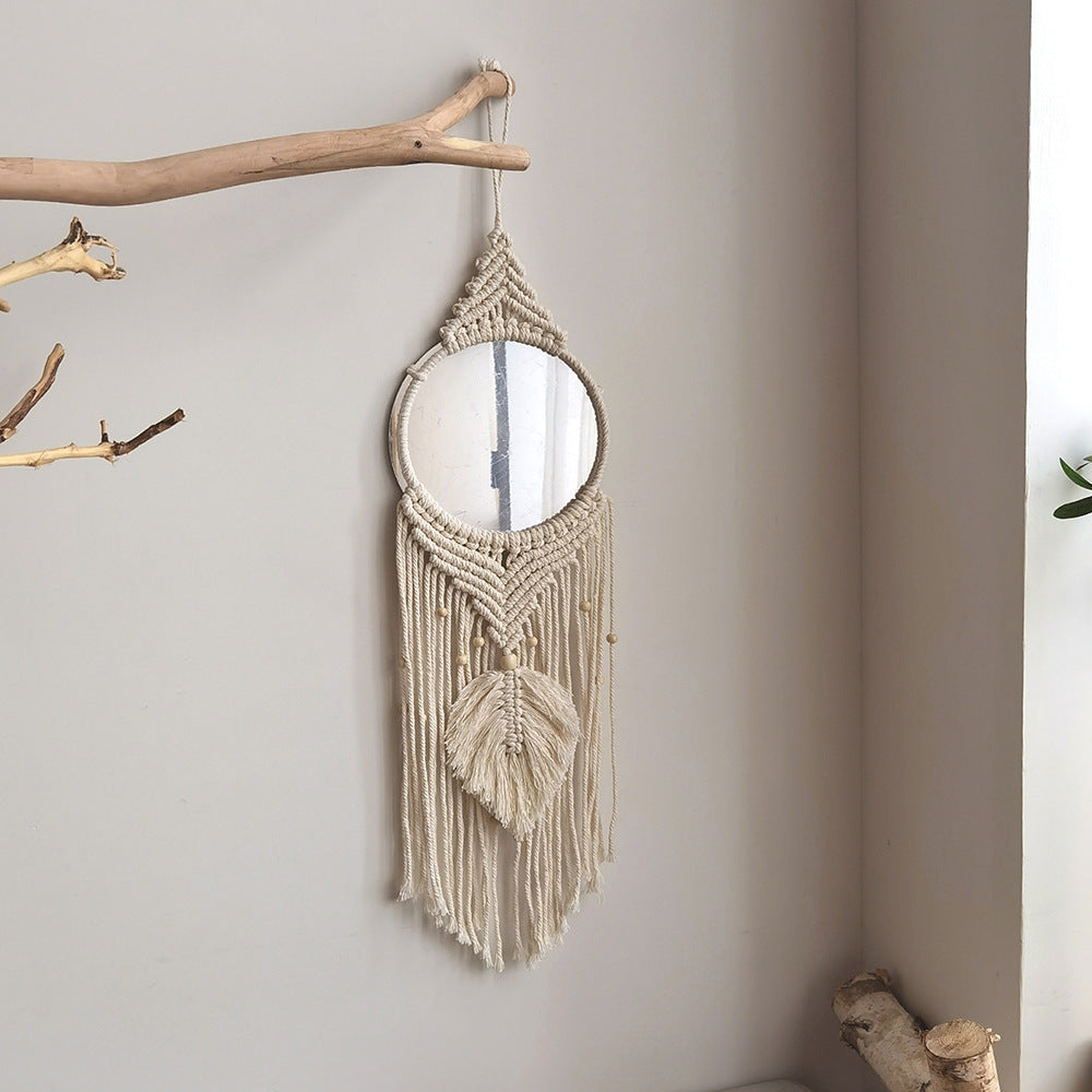 Bohemian woven leaf feather hand-woven tapestry mirror living room bedroom wall hanging porch decorative mirror
