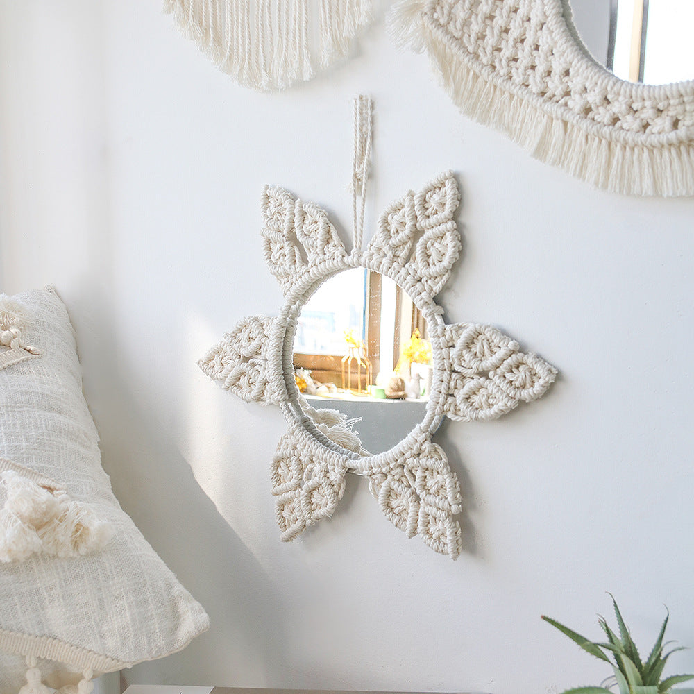 Bohemian woven leaf feather hand-woven tapestry mirror living room bedroom wall hanging porch decorative mirror