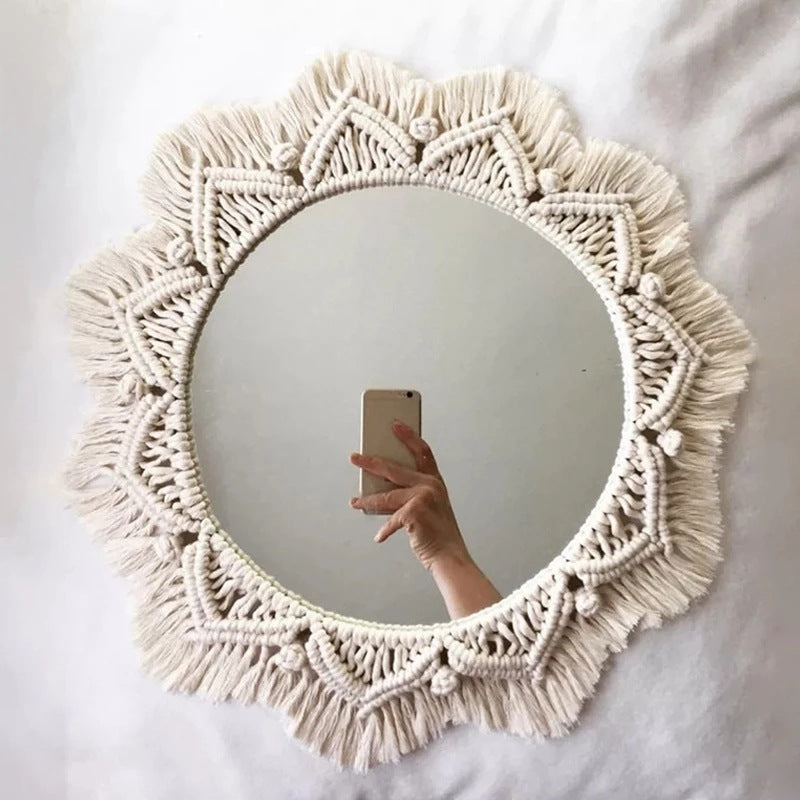 Bohemian woven leaf feather hand-woven tapestry mirror living room bedroom wall hanging porch decorative mirror