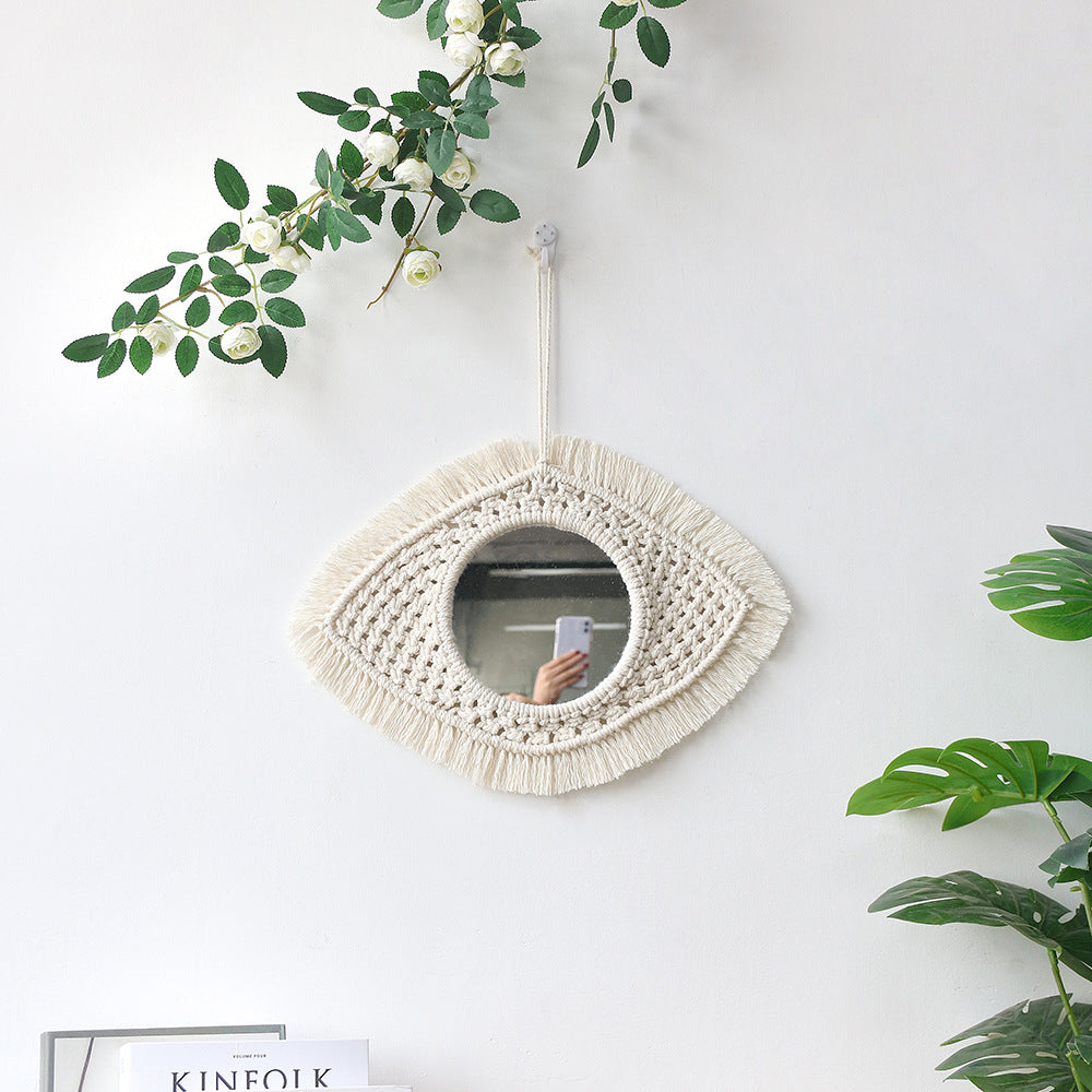 Bohemian woven leaf feather hand-woven tapestry mirror living room bedroom wall hanging porch decorative mirror