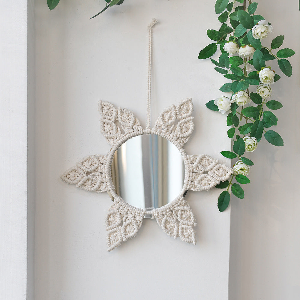 Bohemian woven leaf feather hand-woven tapestry mirror living room bedroom wall hanging porch decorative mirror