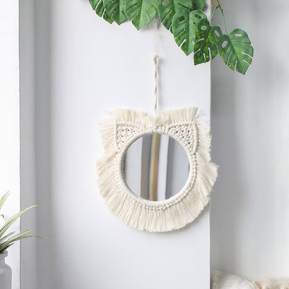 Bohemian woven leaf feather hand-woven tapestry mirror living room bedroom wall hanging porch decorative mirror