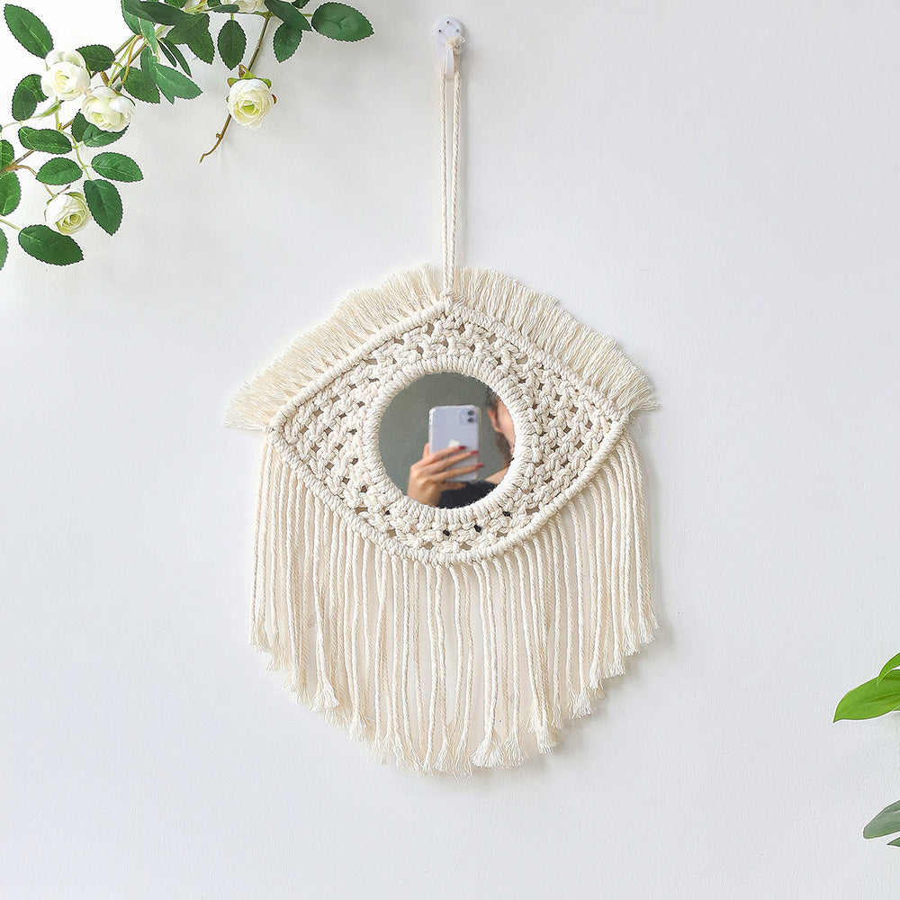 Bohemian woven leaf feather hand-woven tapestry mirror living room bedroom wall hanging porch decorative mirror
