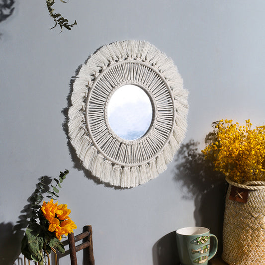 Bohemian woven leaf feather hand-woven tapestry mirror living room bedroom wall hanging porch decorative mirror