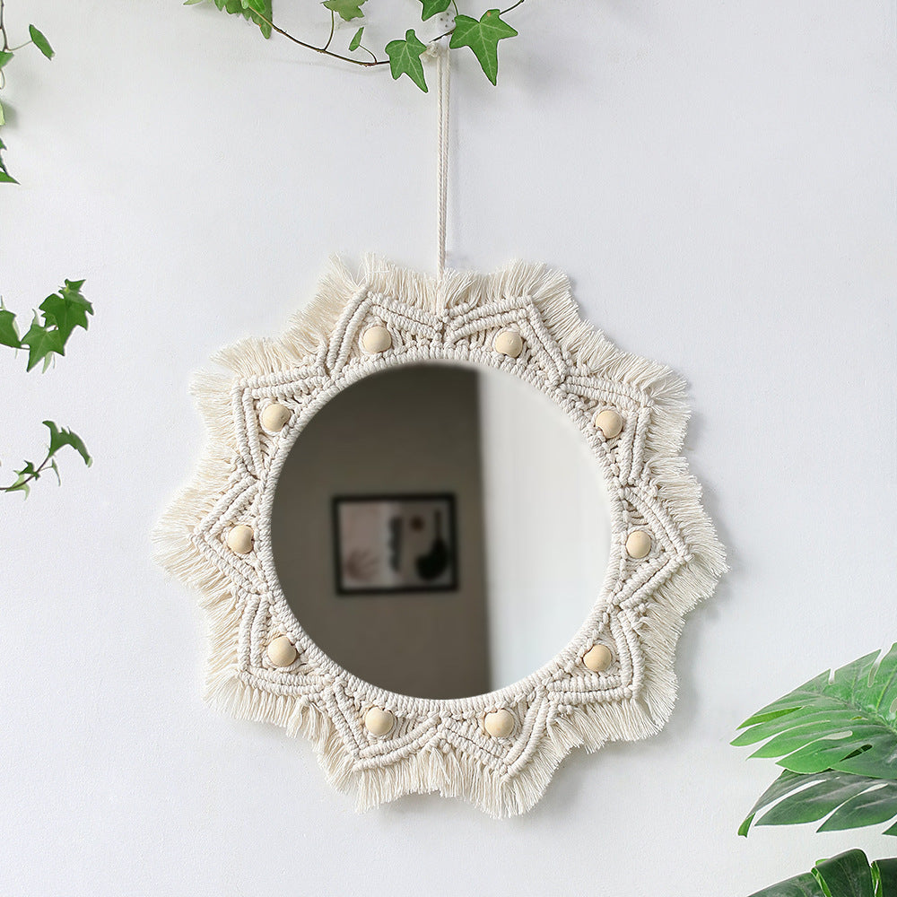 Bohemian woven leaf feather hand-woven tapestry mirror living room bedroom wall hanging porch decorative mirror