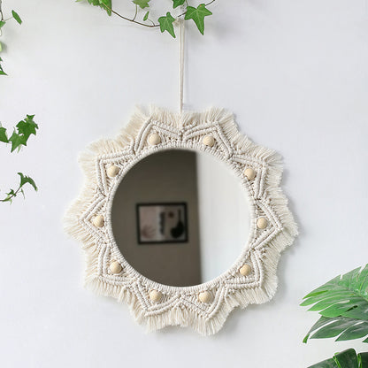 Bohemian woven leaf feather hand-woven tapestry mirror living room bedroom wall hanging porch decorative mirror
