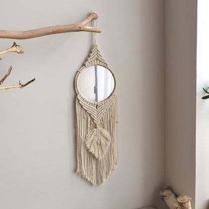 Bohemian woven leaf feather hand-woven tapestry mirror living room bedroom wall hanging porch decorative mirror