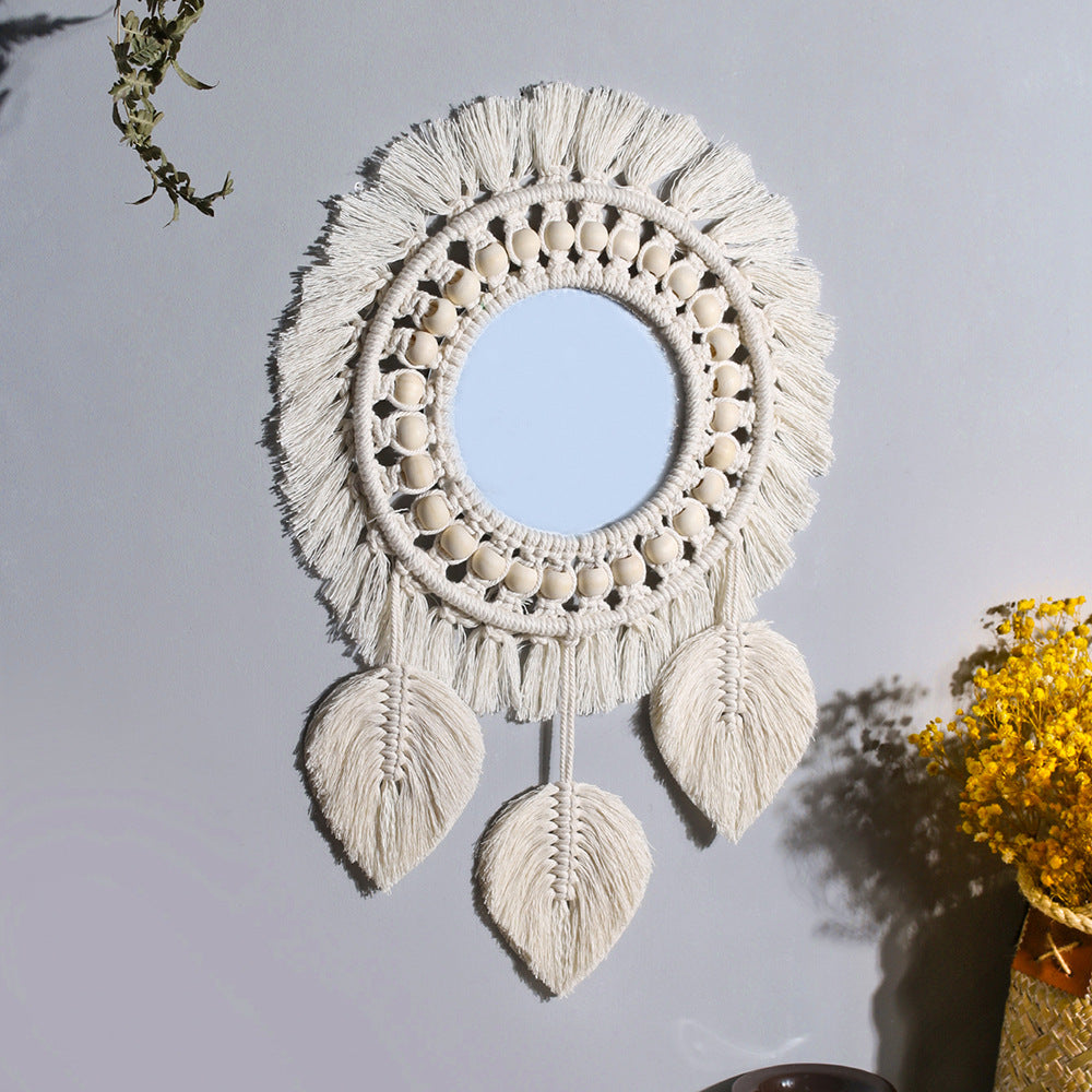Bohemian woven leaf feather hand-woven tapestry mirror living room bedroom wall hanging porch decorative mirror
