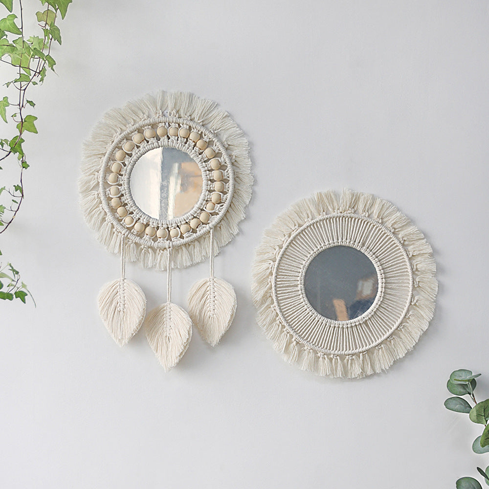 Bohemian woven leaf feather hand-woven tapestry mirror living room bedroom wall hanging porch decorative mirror