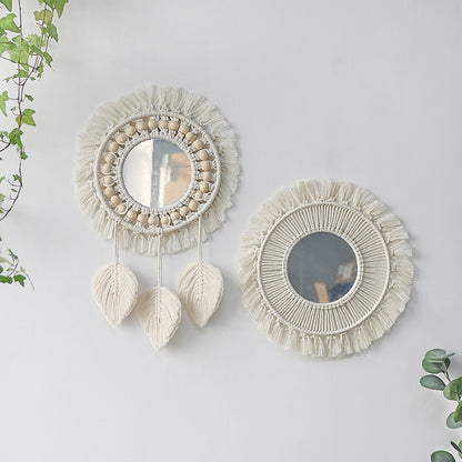 Bohemian woven leaf feather hand-woven tapestry mirror living room bedroom wall hanging porch decorative mirror