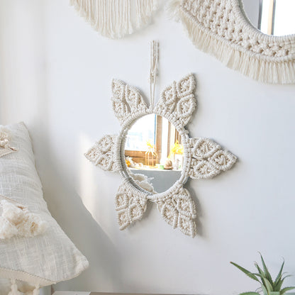 Bohemian woven leaf feather hand-woven tapestry mirror living room bedroom wall hanging porch decorative mirror