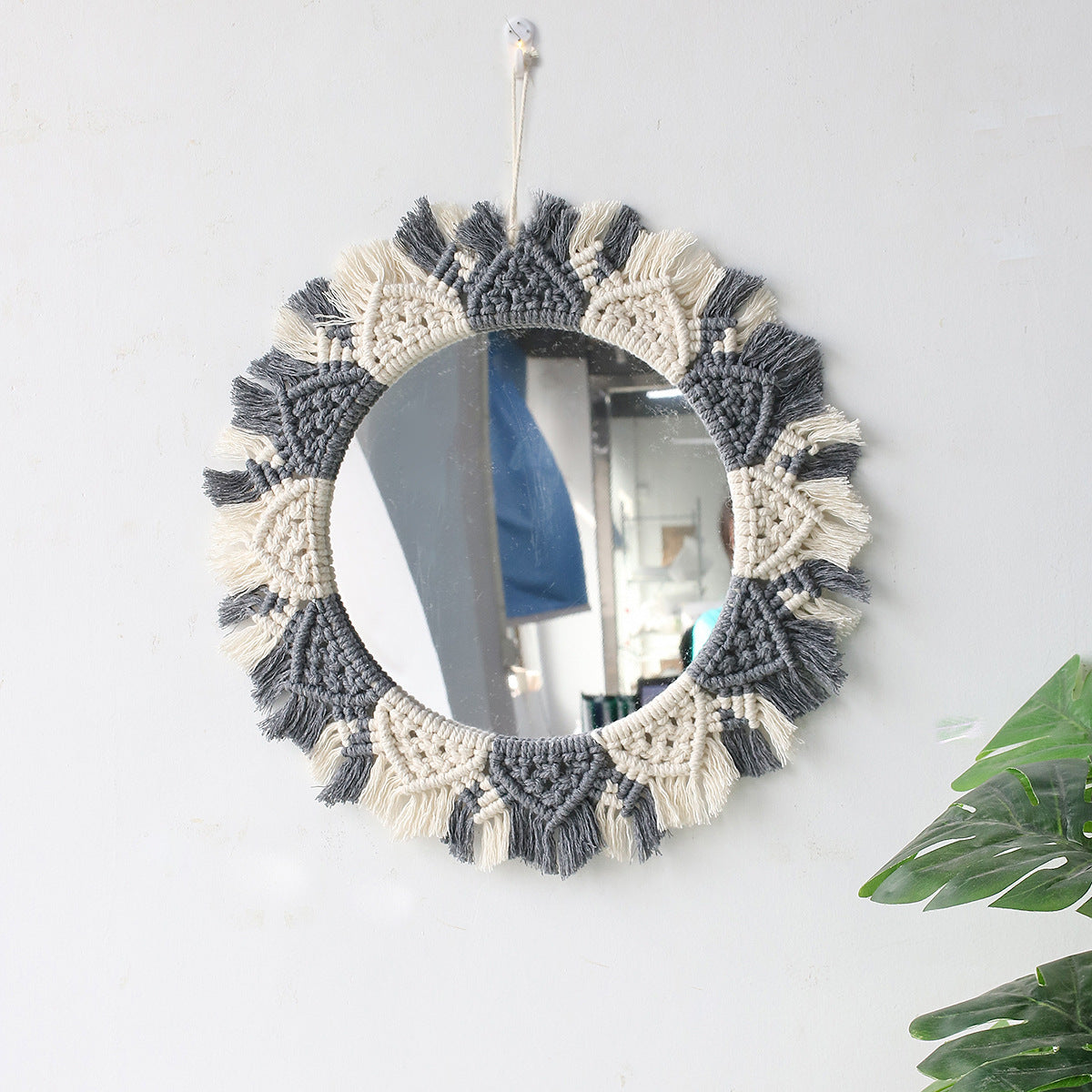 Bohemian woven leaf feather hand-woven tapestry mirror living room bedroom wall hanging porch decorative mirror