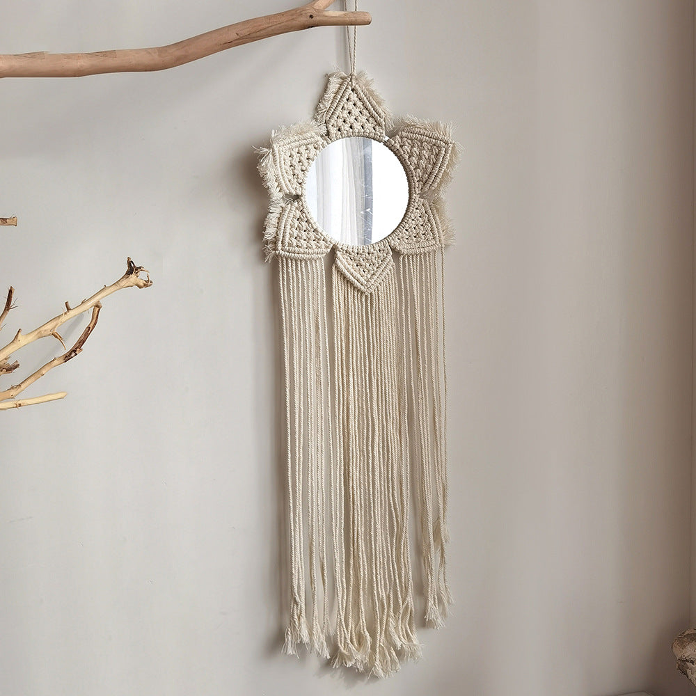 Bohemian woven leaf feather hand-woven tapestry mirror living room bedroom wall hanging porch decorative mirror