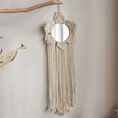 Bohemian woven leaf feather hand-woven tapestry mirror living room bedroom wall hanging porch decorative mirror