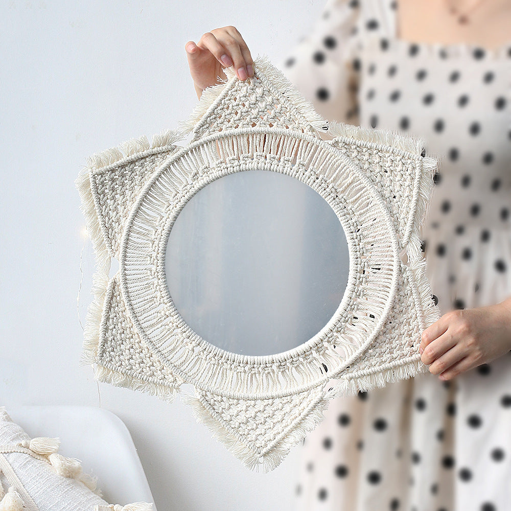 Bohemian woven leaf feather hand-woven tapestry mirror living room bedroom wall hanging porch decorative mirror