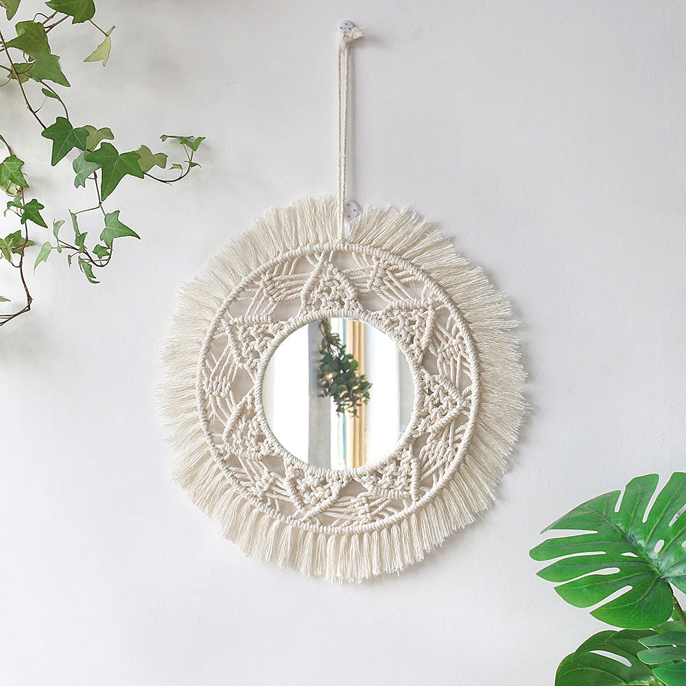 Bohemian woven leaf feather hand-woven tapestry mirror living room bedroom wall hanging porch decorative mirror