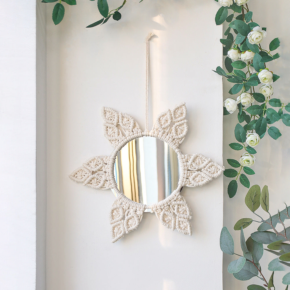 Bohemian woven leaf feather hand-woven tapestry mirror living room bedroom wall hanging porch decorative mirror