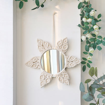 Bohemian woven leaf feather hand-woven tapestry mirror living room bedroom wall hanging porch decorative mirror